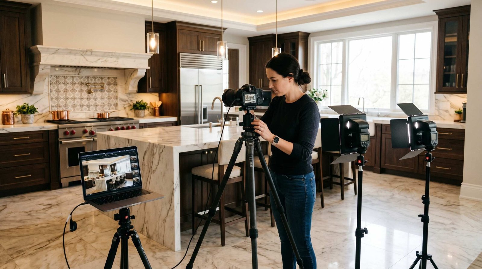 Real estate photographer setting up off-camera flash and tethered laptop for a luxury kitchen shoot