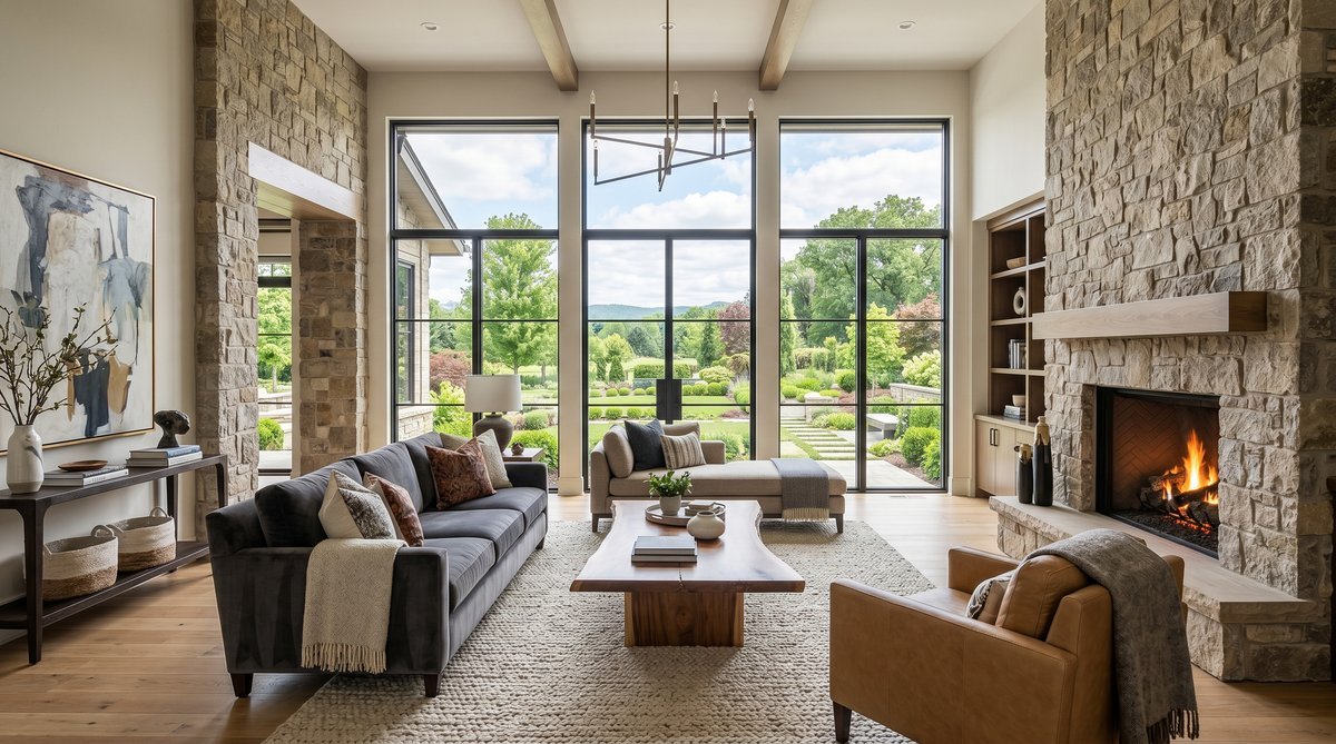 Wide-angle view of a luxury home living room showing professional real estate photography with balanced ambient and flash lighting