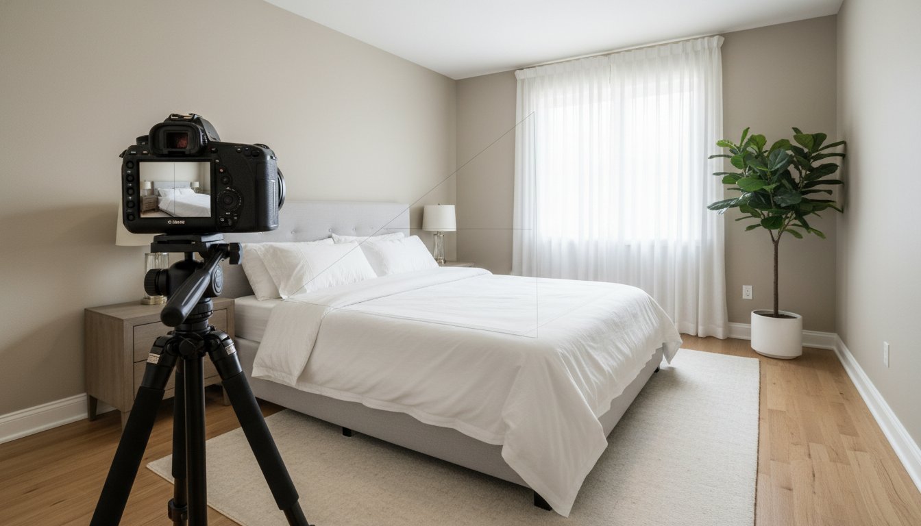 Real estate photography corner composition technique showing camera framing from room corner with diagonal perspective across a staged bedroom