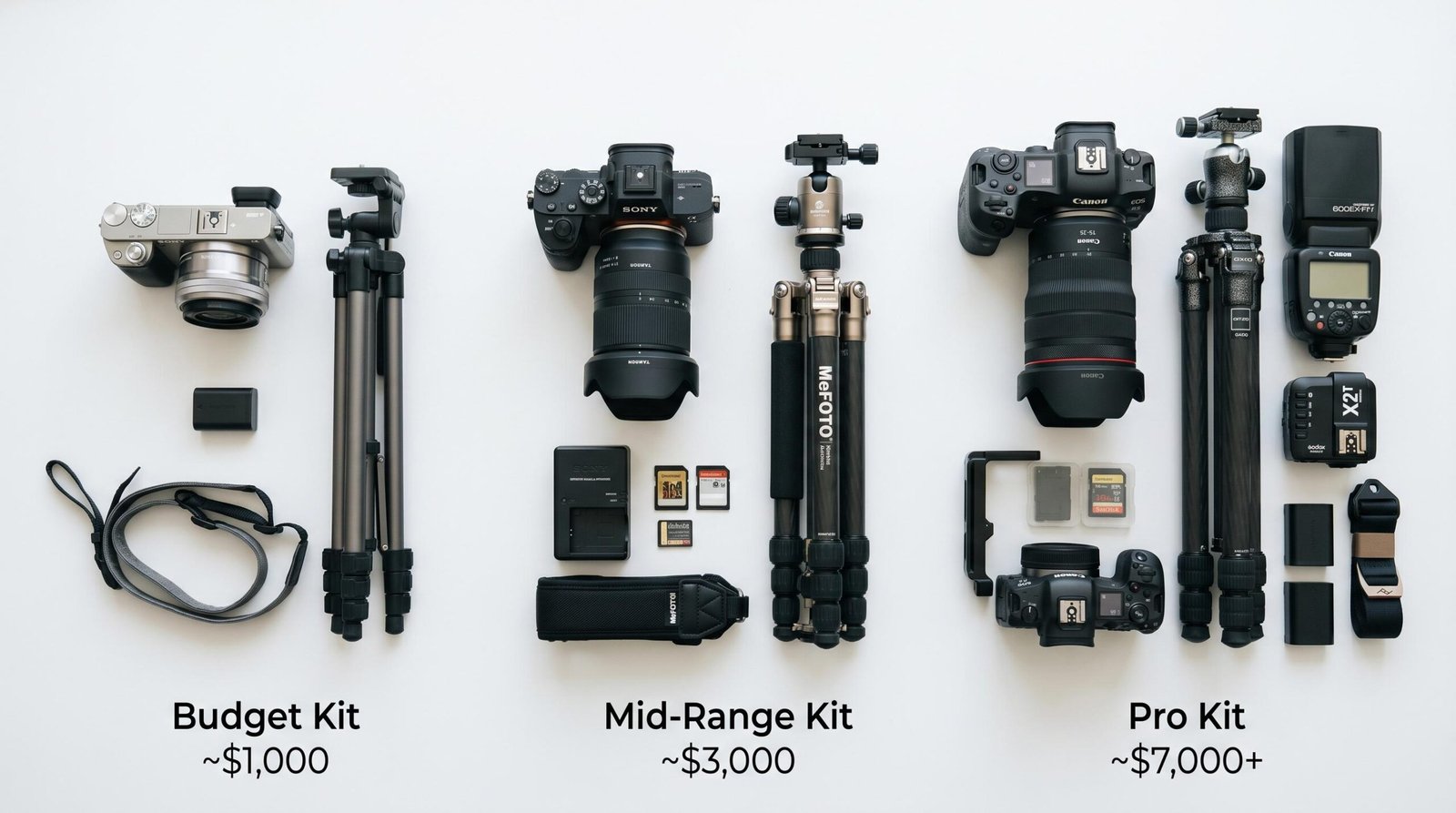 Three real estate photography equipment kits comparison - budget, mid-range, and professional camera setups side by side