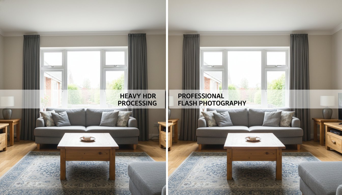 Side-by-side comparison of HDR and flash real estate photography lighting techniques showing the visual difference in interior shots