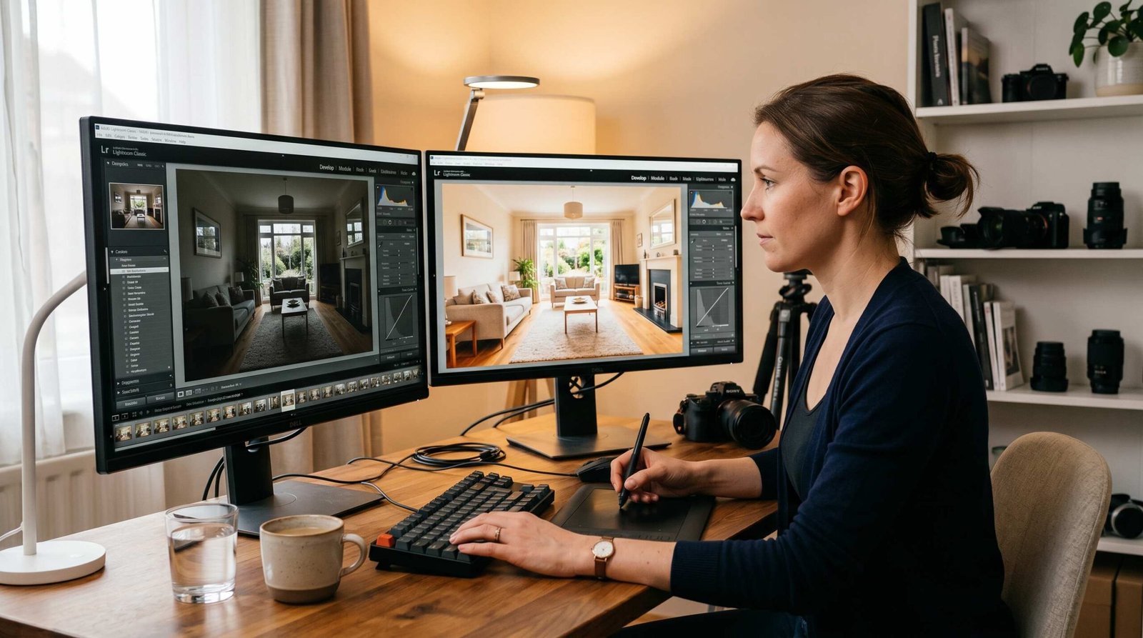 Real estate photographer editing interior photos in Lightroom showing before and after comparison on dual monitors