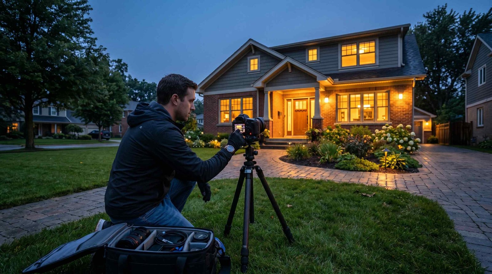 Real estate photographer reviewing twilight camera settings on a tripod-mounted DSLR in front of a home at dusk