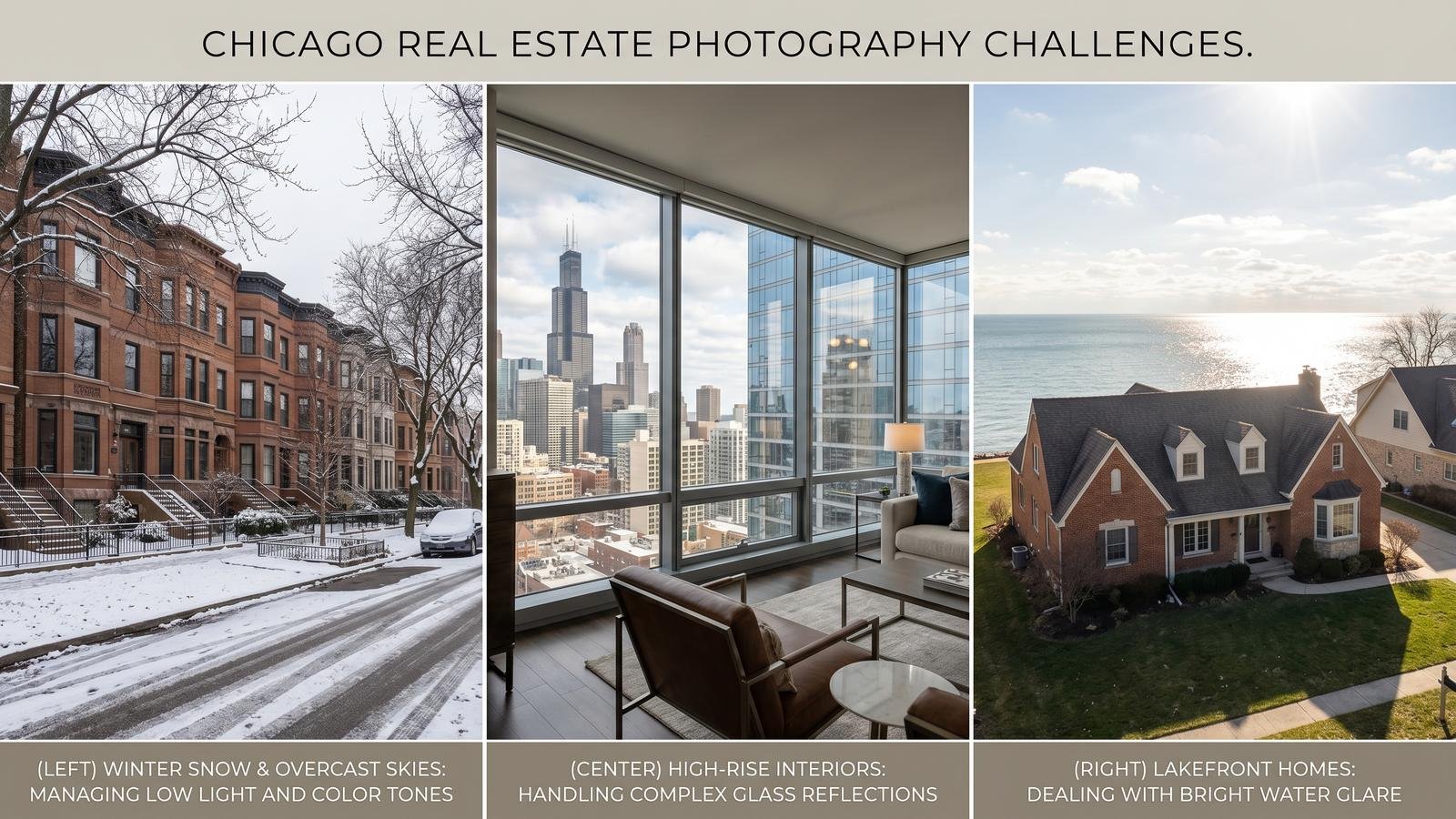 Chicago real estate photography challenges including winter brownstones, high-rise glass buildings, and lakefront properties