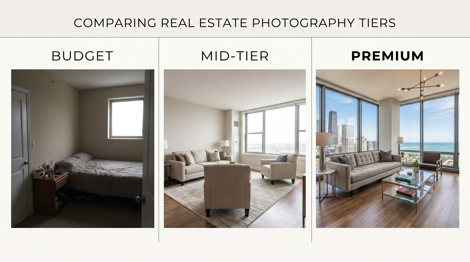 Three-tier comparison of real estate photography quality levels in Chicago, from budget to premium