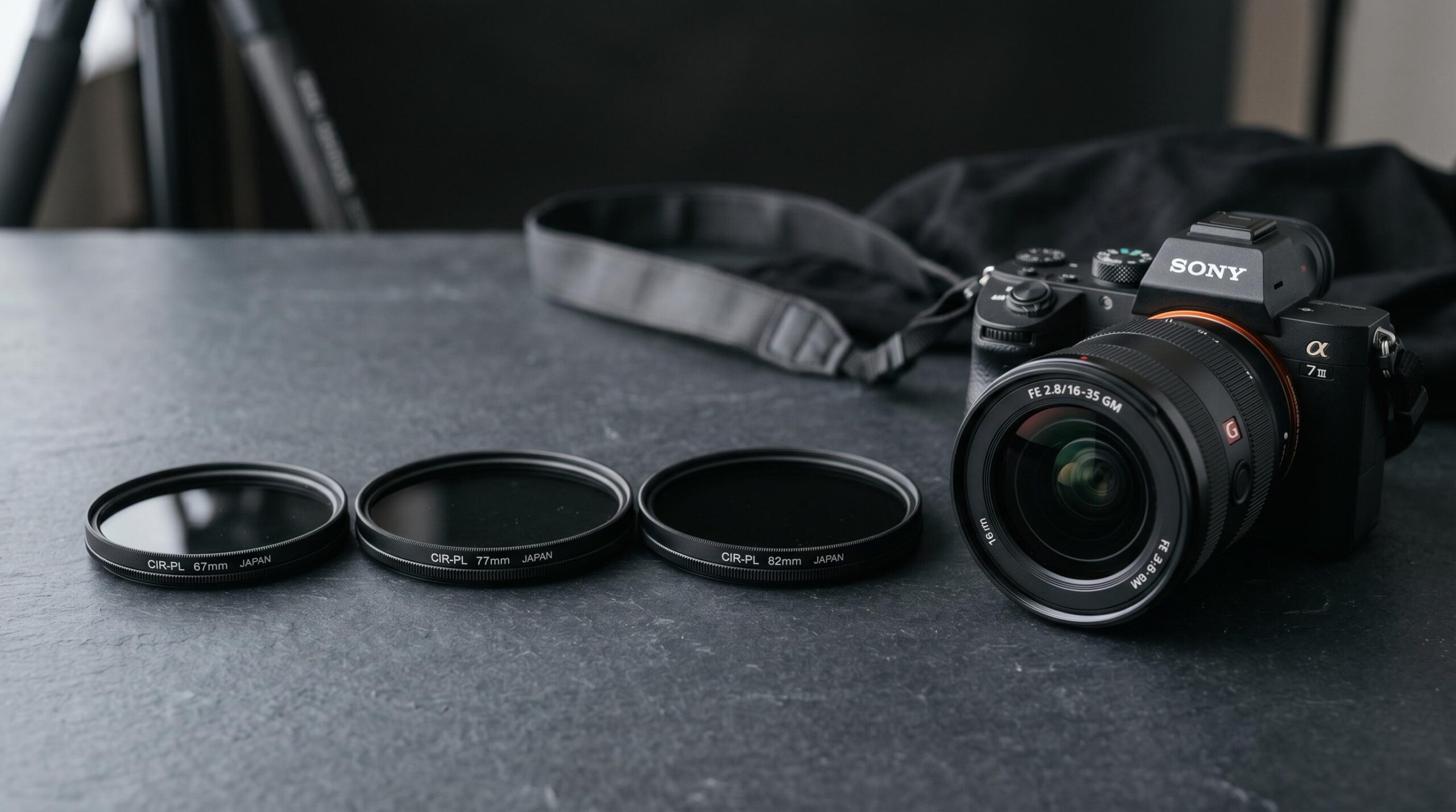 Circular polarizer filters in 67mm, 77mm, and 82mm sizes displayed next to a mirrorless camera and wide-angle lens for real estate photography