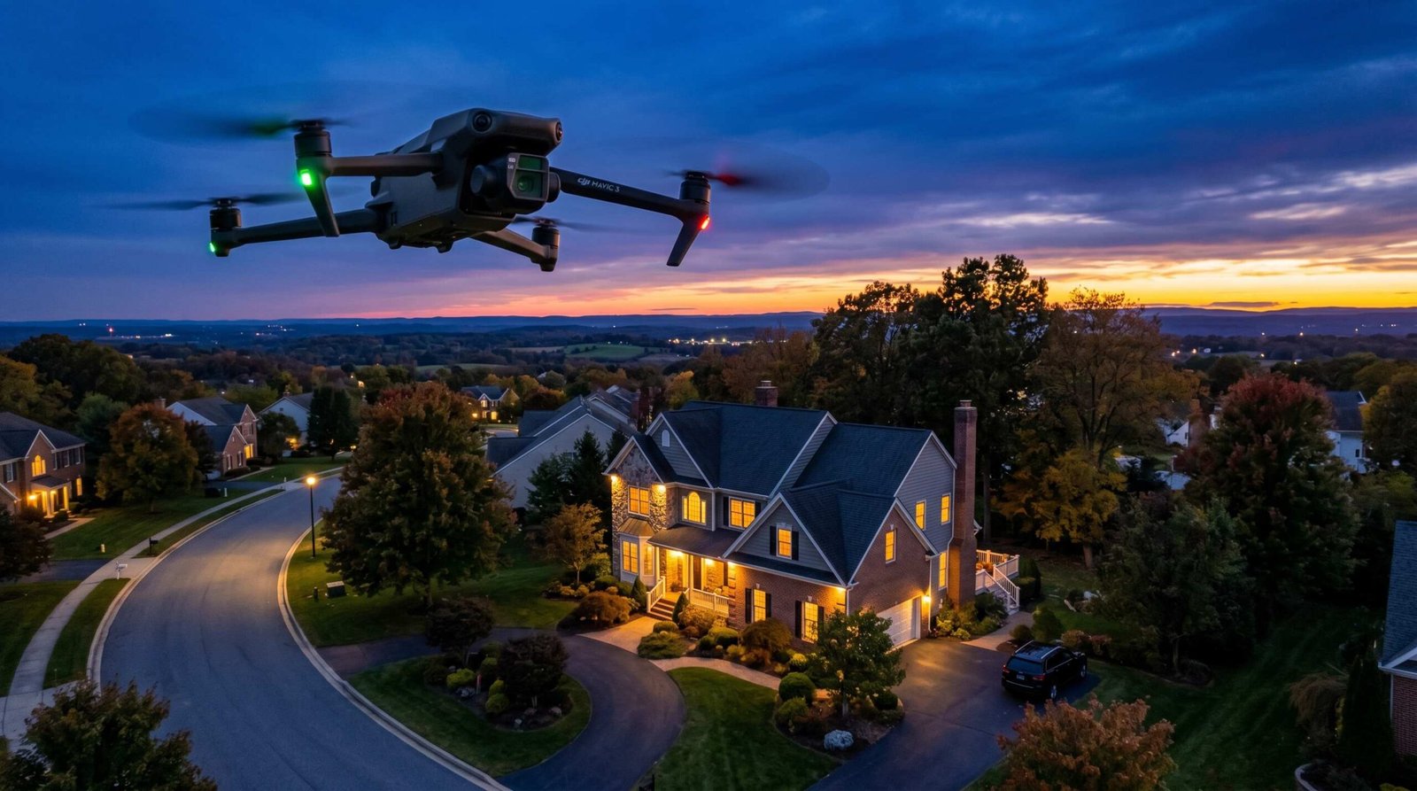 Drone hovering at twilight over a suburban home with cobalt blue sky and glowing amber windows - aerial twilight real estate photography