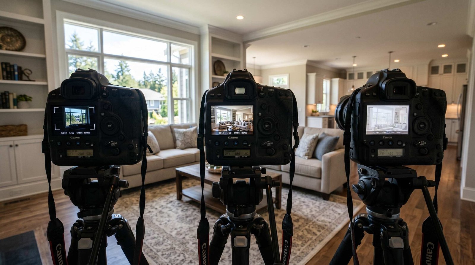 HDR bracketing three exposures for real estate photography - underexposed, correctly exposed, and overexposed frames before merging