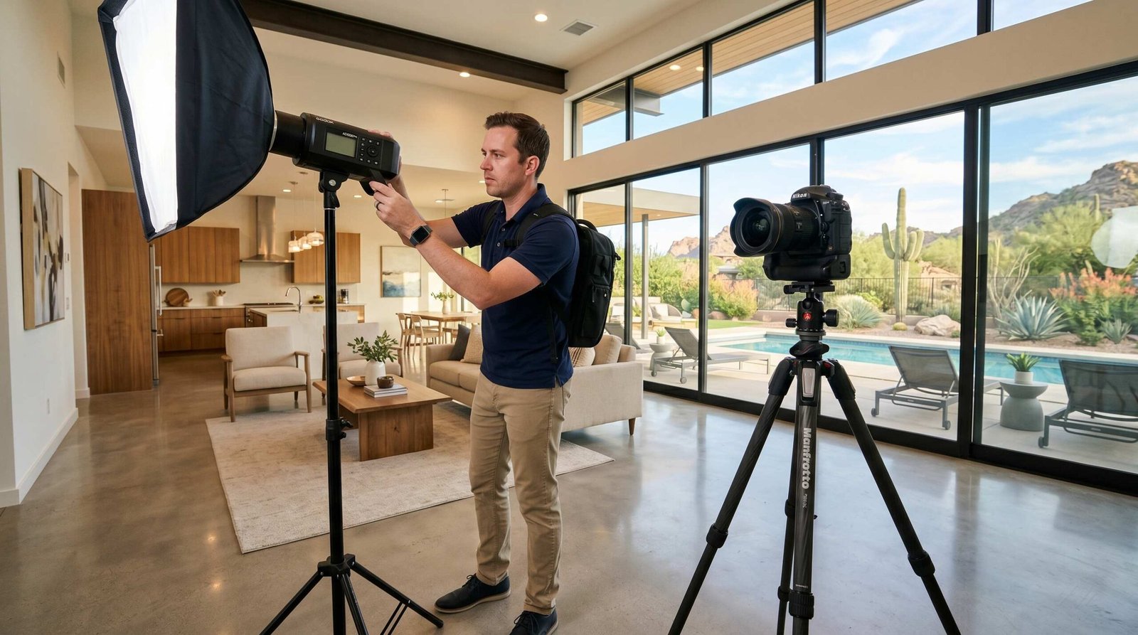Real estate photographer setting up camera and flash equipment in a modern Phoenix home interior with pool view