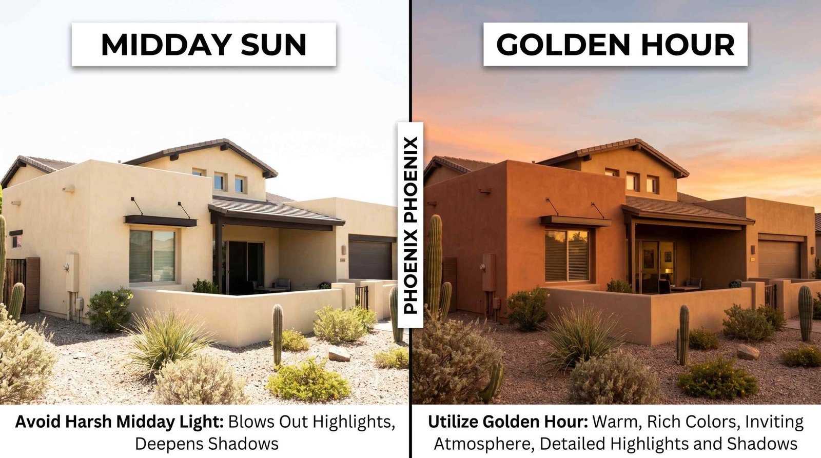 Side-by-side comparison of harsh midday sun versus golden hour lighting in Phoenix real estate photography