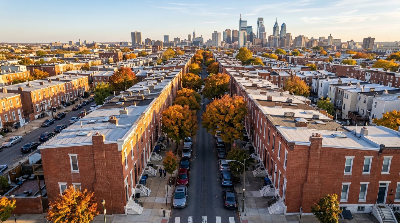 Aerial drone photograph over a Philadelphia neighborhood showing rows of classic brick rowhouses with white marble steps and tree-lined street