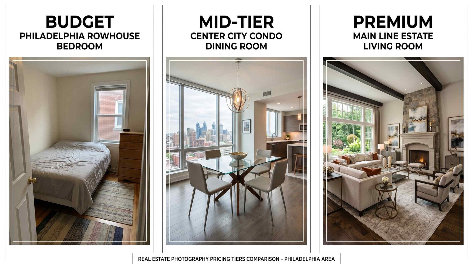 Comparison of budget, mid-tier, and premium real estate photography quality in Philadelphia