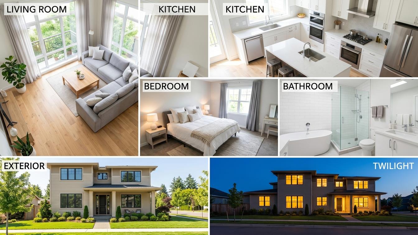 Camera settings comparison by room type for real estate photography - living room, kitchen, bedroom, bathroom, exterior, and twilight scenarios