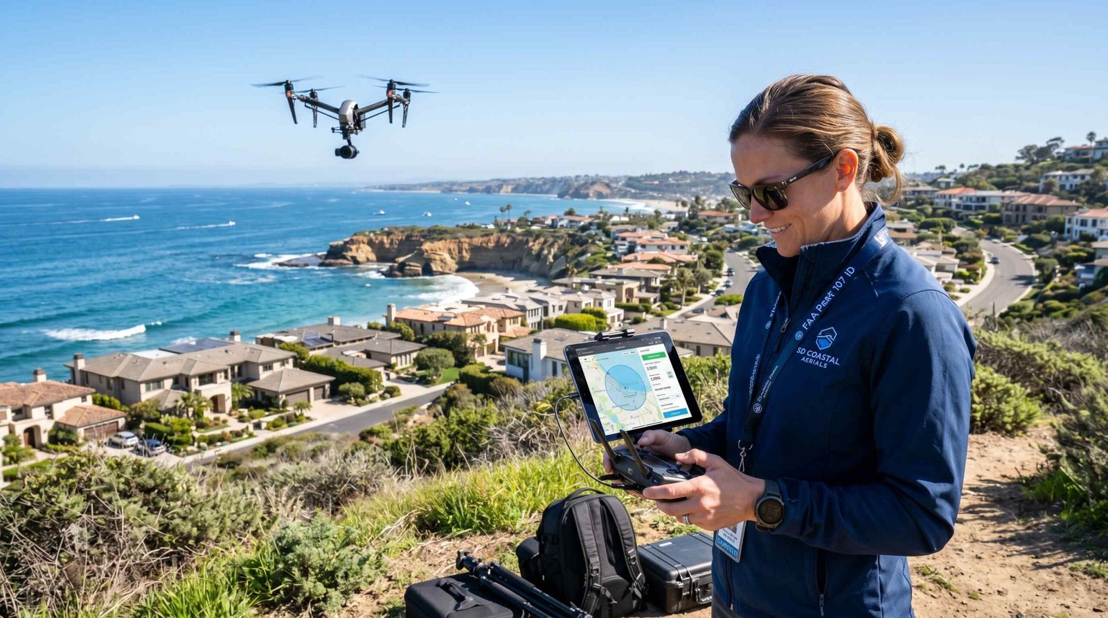 Real estate photographer operating drone over La Jolla coastal neighborhood with Pacific Ocean in the background