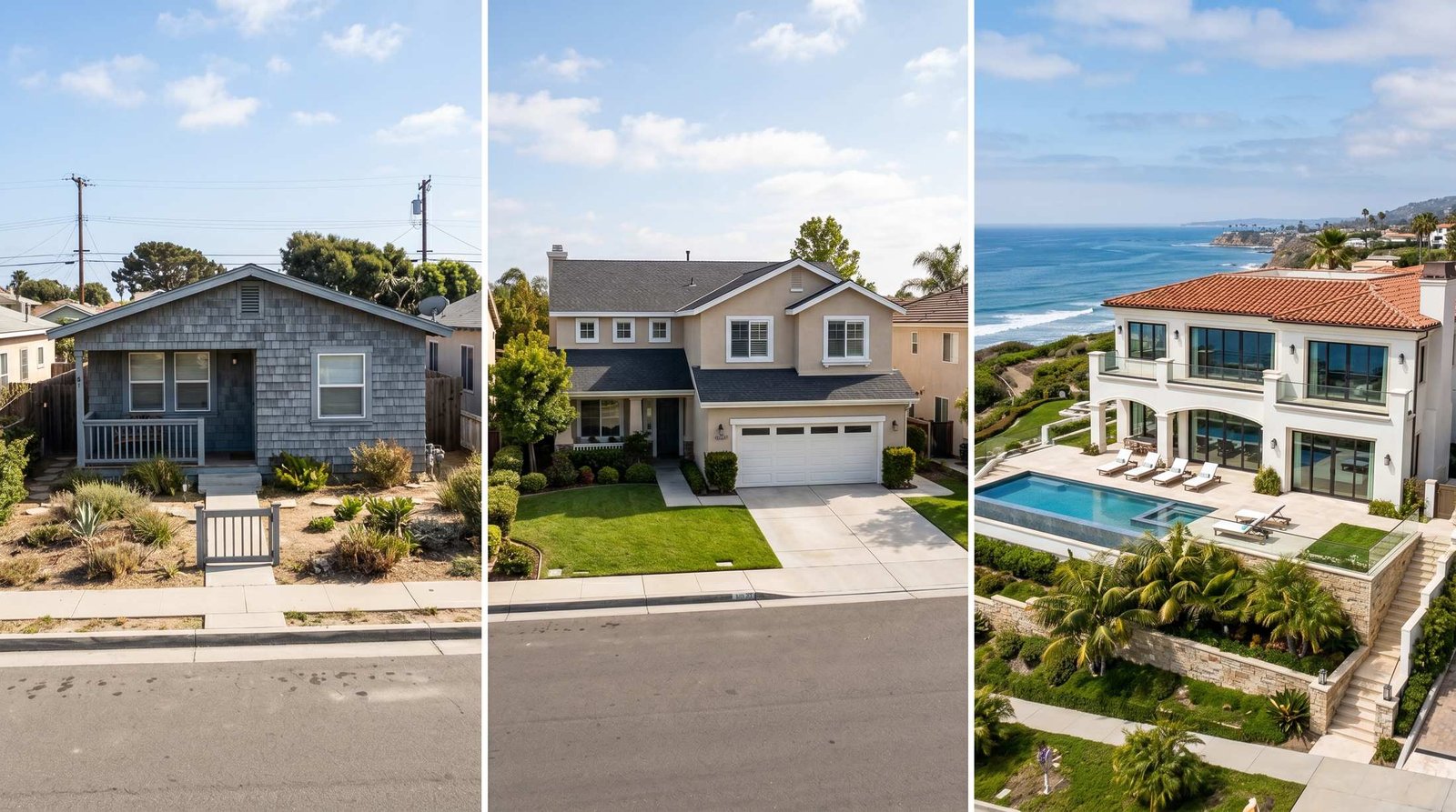 Three San Diego real estate properties representing entry-level, mid-range, and luxury photography pricing tiers