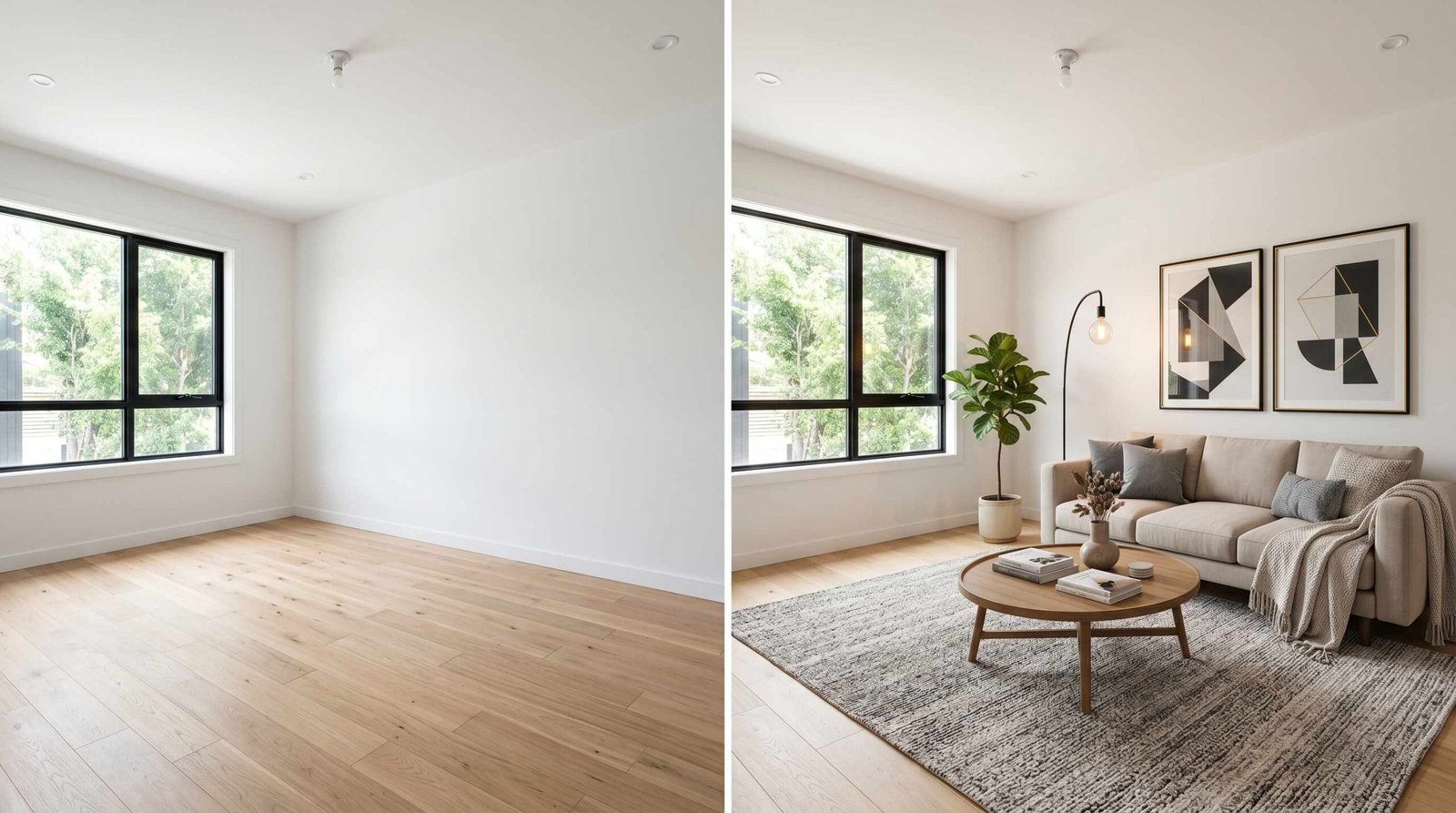 Before and after virtual staging comparison showing the same room empty on the left and fully furnished with modern furniture on the right