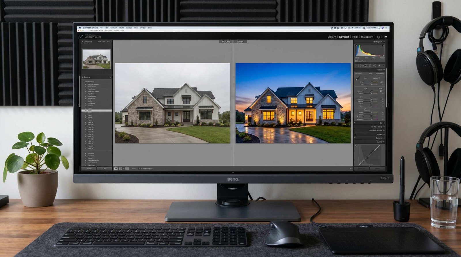 Computer screen showing virtual twilight photo editing with before daytime and after twilight comparison of a real estate home exterior
