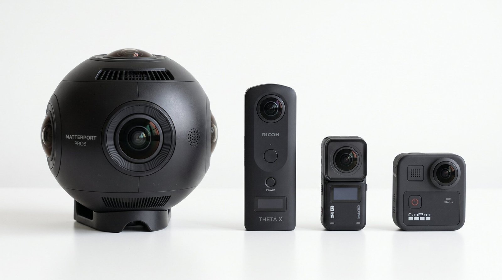Comparison of four 360-degree cameras for 3D real estate photography: Matterport Pro3, Ricoh Theta Z1, Insta360 RS, and GoPro Max showing size differences