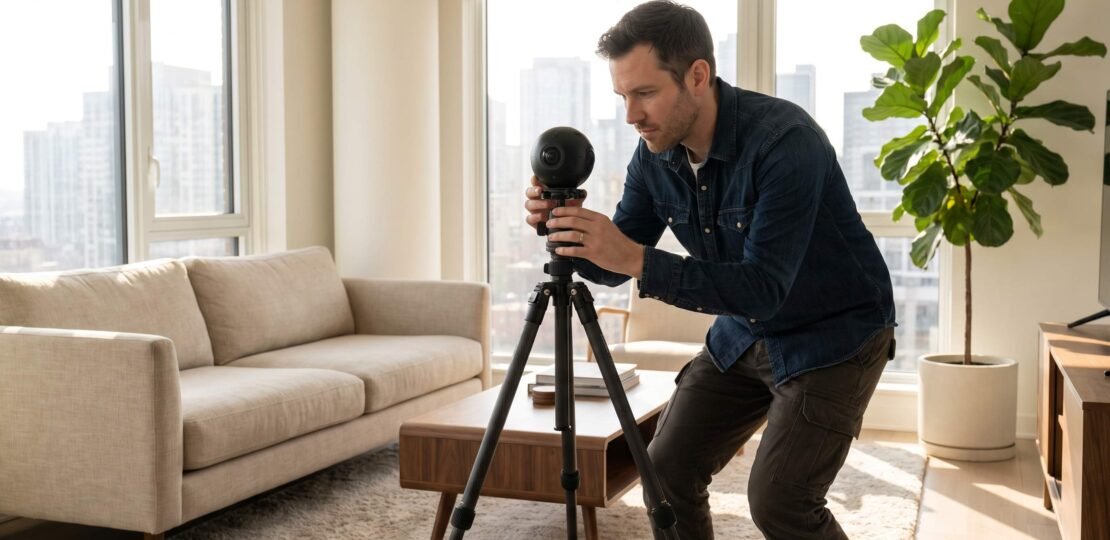 3D real estate photography – photographer setting up 360 camera