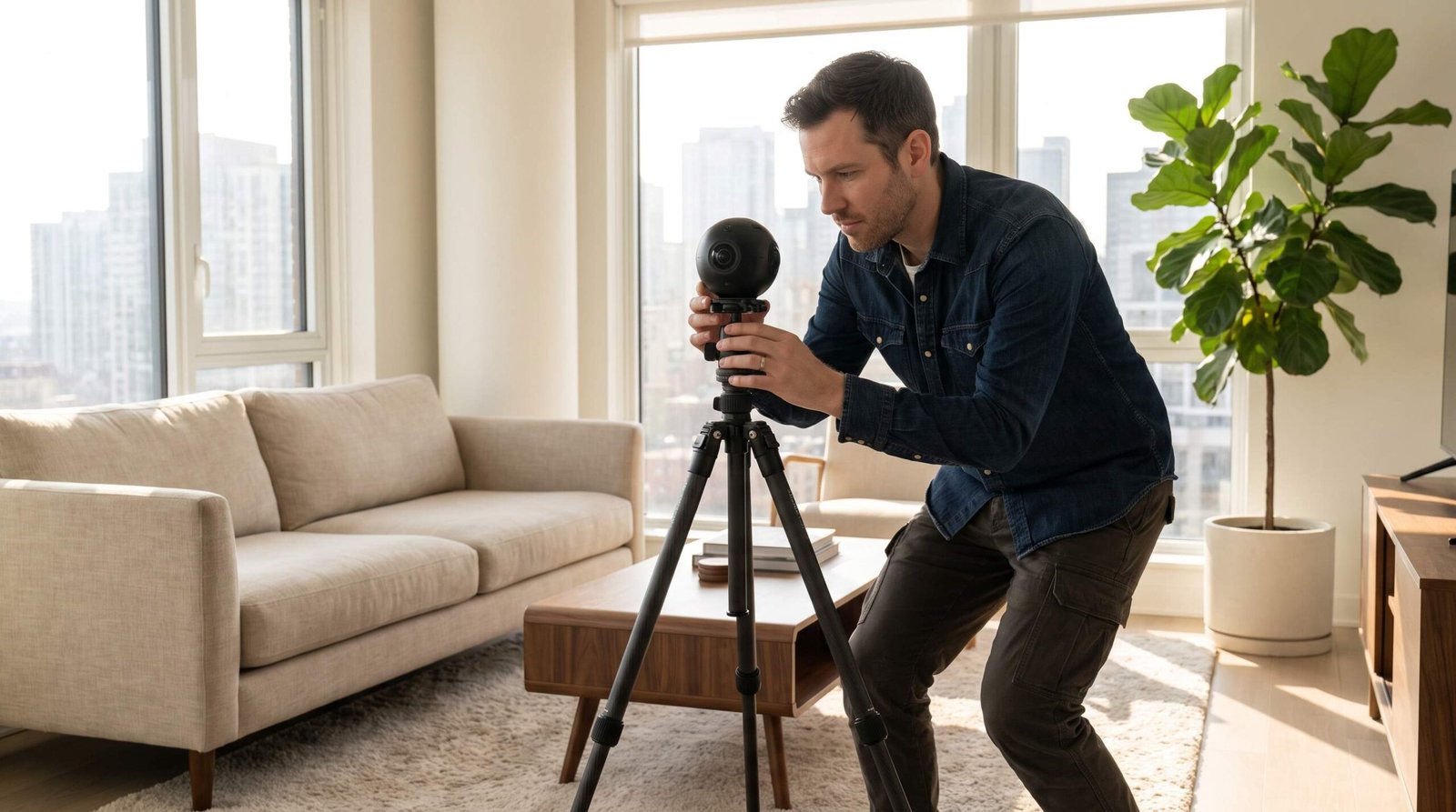 Real estate photographer setting up a 360-degree camera on a tripod in a staged living room for a 3D virtual tour