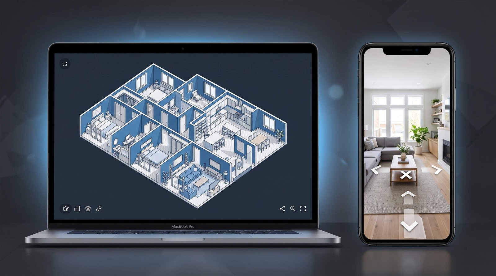 Laptop showing Matterport 3D dollhouse floor plan view alongside smartphone showing interactive real estate walkthrough tour