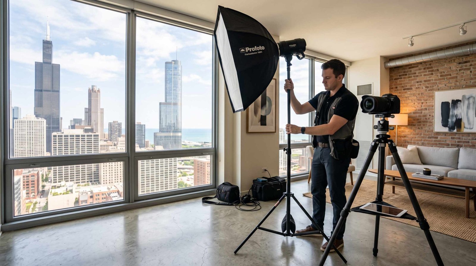 Real estate photographer setting up wide-angle shot in Chicago downtown high-rise condo with skyline view