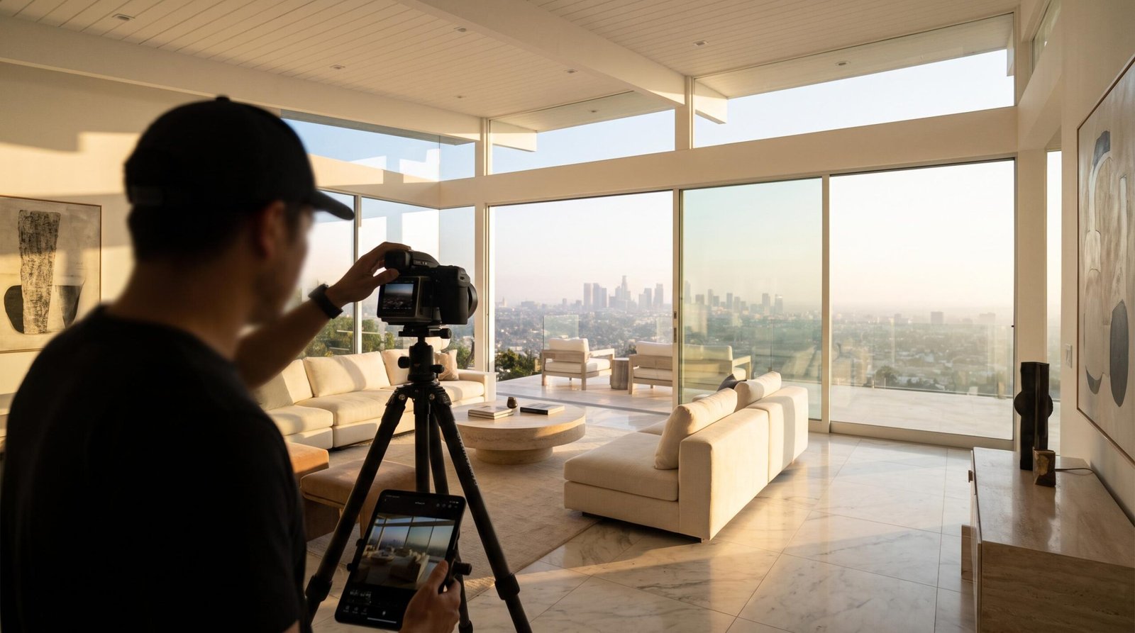 Real Estate Photographer Los Angeles Interior Shoot Professional real estate photographer setting up shot in Beverly Hills living room with floor-to-ceiling windows overlooking Los Angeles skyline