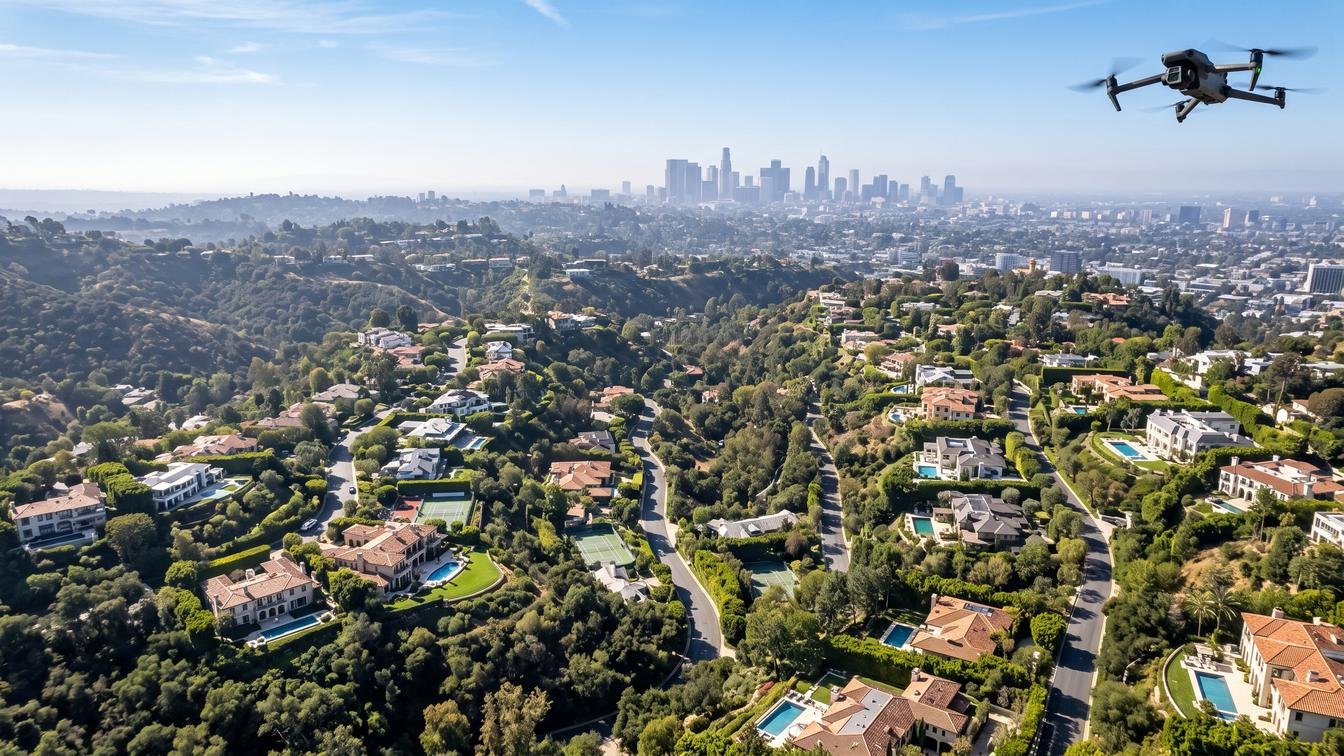 Aerial Real Estate Photography Los Angeles Beverly Hills Aerial drone photograph over Beverly Hills luxury estates and Bel Air neighborhoods in Los Angeles