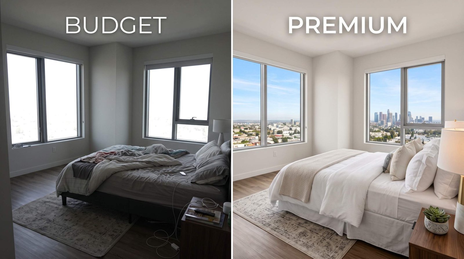 Budget vs Premium Real Estate Photography Quality Comparison Los Angeles Side-by-side comparison of budget versus premium real estate photography quality in a Los Angeles bedroom