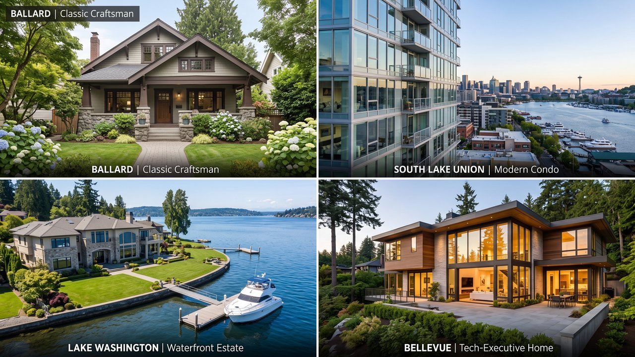 Seattle real estate photography comparison across neighborhoods - craftsman bungalow, luxury condo, lakefront estate, and Bellevue tech home